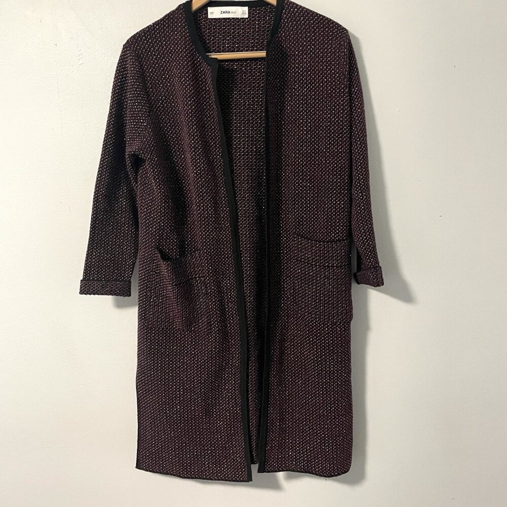 Zara Knit Open Front Longline Cardigan Sweater Duster Black Burgundy‎ Gold S
